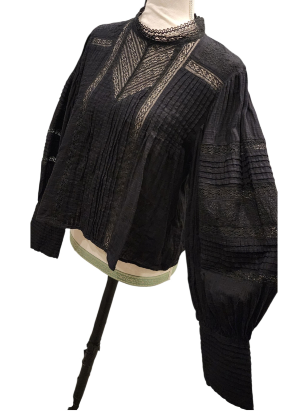 ZARA Black Lace Inset Boho Prairie Blouse Pintuck Balloon Sleeve Romantic Top M
